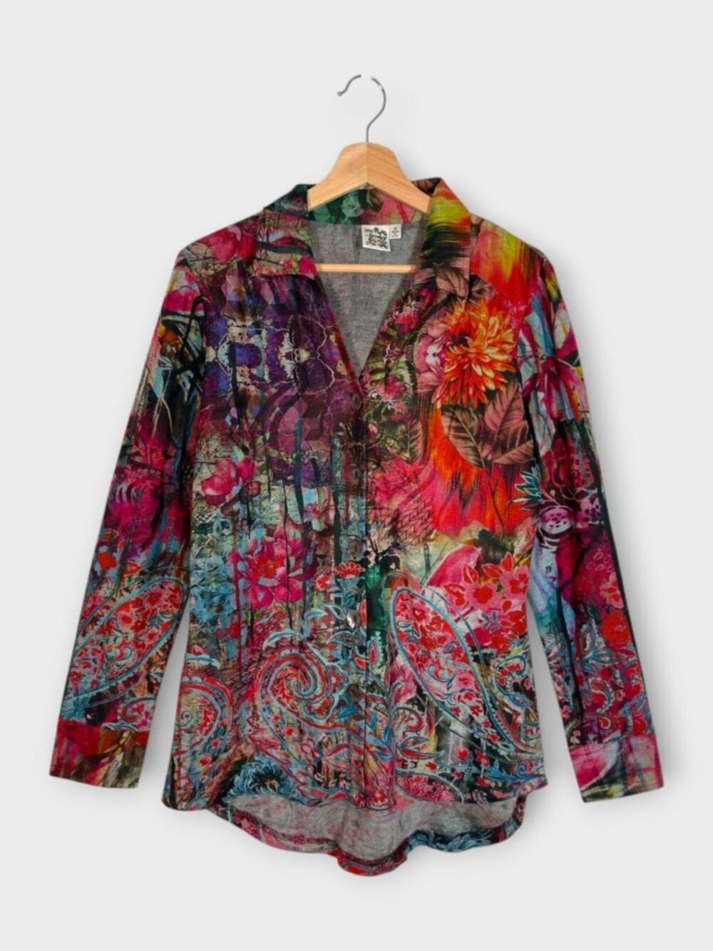 Parsley & Sage Women Abstract Boho Art to Wear Button Up Shirt Multi Color S